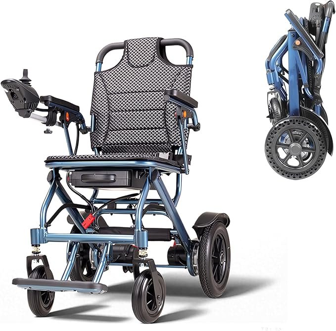 D04 - Silla de ruedas eléctrica plegable azul con batería de litio extraíble de 10Ah, motor de 500 W, rango de 20Km, capacidad de 150Kg, fácil de transportar