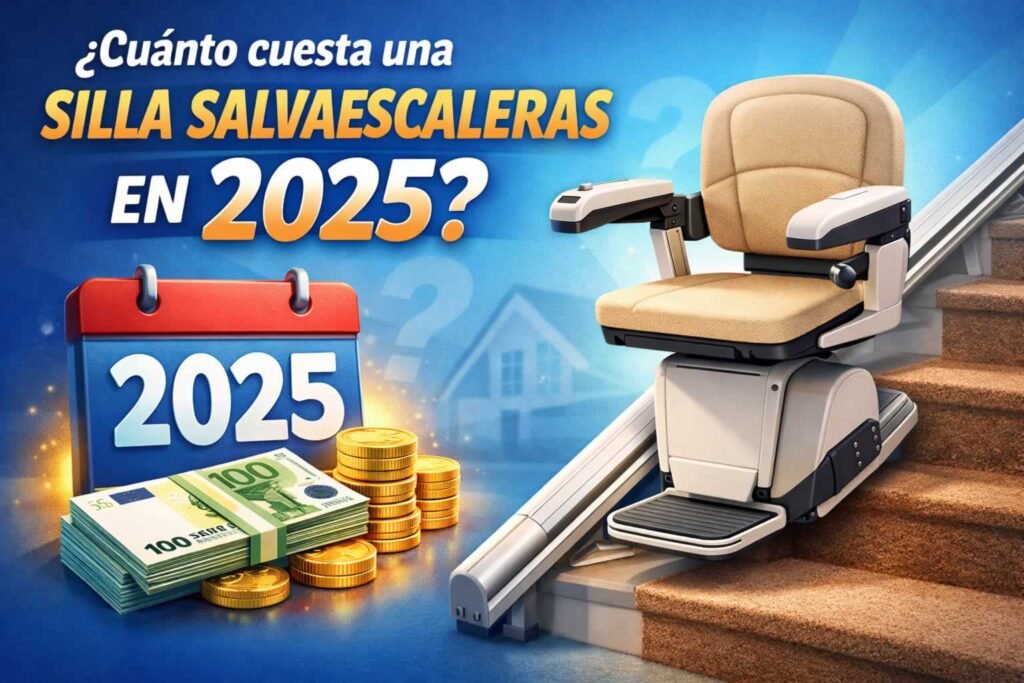 Ilustración de una silla salvaescaleras instalada en una escalera junto a monedas y un calendario de 2025 que representa el precio de las sillas salvaescaleras en 2025