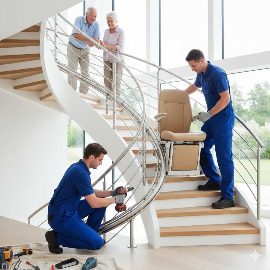 Instalación profesional de silla salvaescaleras curva: Técnico montando el riel a medida en la escalera con giros