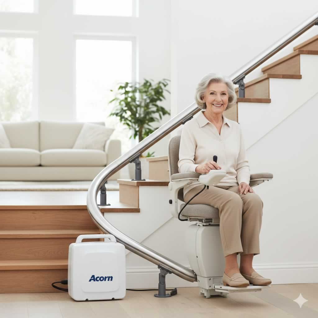 Silla salvaescaleras Acorn 180 instalada en una escalera curva interior