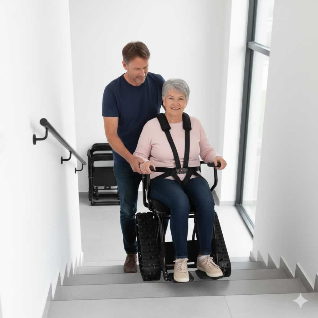 Silla salvaescaleras portátil oruga para sillas de ruedas, solución de accesibilidad móvil para subir y bajar escaleras de forma segura.