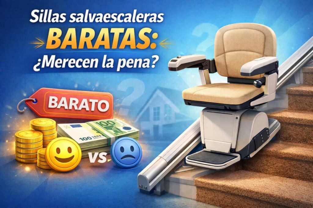 Ilustración de una silla salvaescaleras barata instalada en una escalera, con símbolos de precio y comparación de ventajas y desventajas