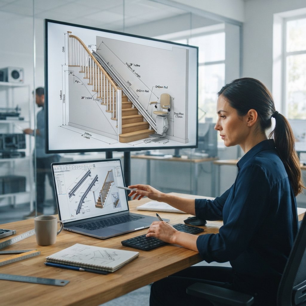 Diseño digital del recorrido del raíl para una silla salvaescaleras en una escalera curva realizado mediante medición técnica