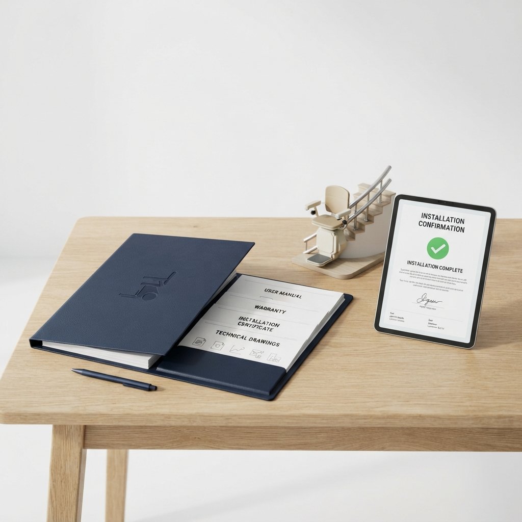 Documentación de una silla salvaescaleras con manual de usuario, garantía y certificado de instalación sobre una mesa