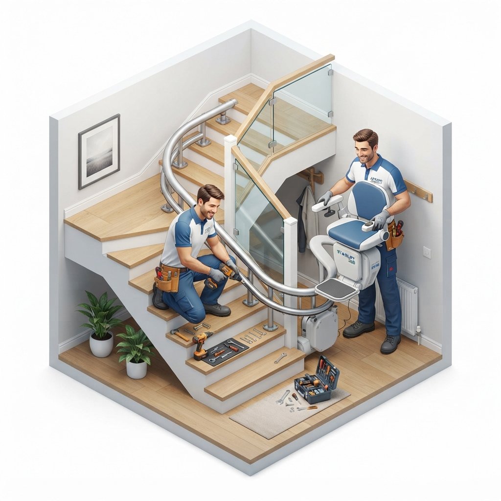 Especialista analizando las características de una escalera para recomendar la silla salvaescaleras más adecuada.