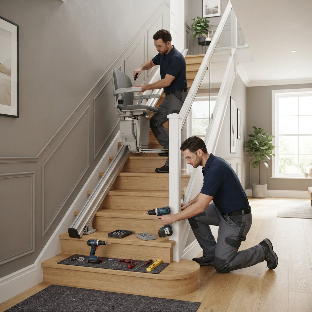 Técnicos instalando una silla salvaescaleras en una escalera recta de una vivienda particular