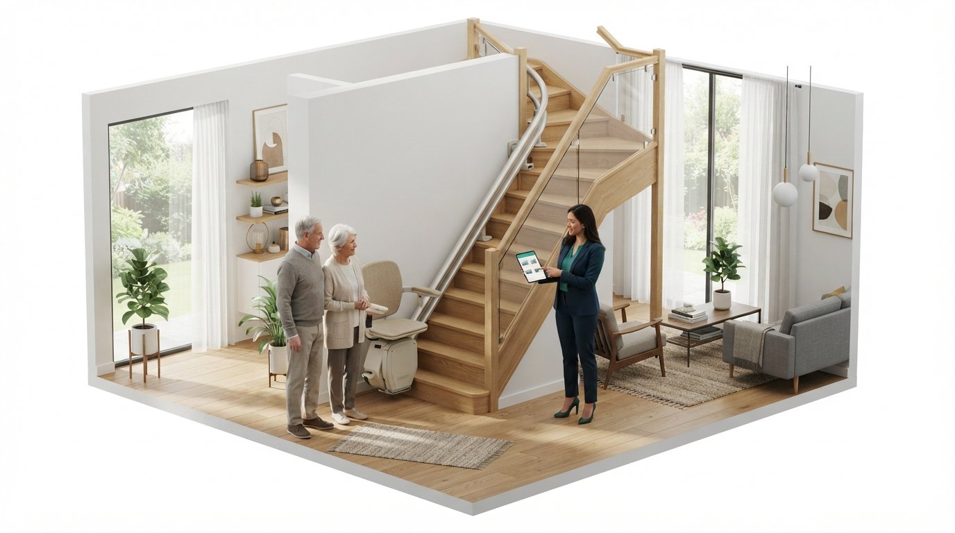 Asesor especializado mostrando diferentes soluciones de sillas salvaescaleras en Madrid